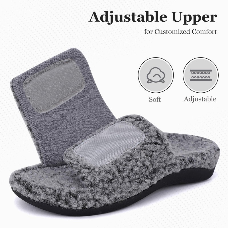 ERGOfoot Fuzzy House Slippers with Arch Support for Women Men, Orthopedic Slide Slippers for Plantar Fasciitis Open Toe Indoor House Shoes with Adjustable Straps, Foot Pain Relief/Dark Grey - Image 5