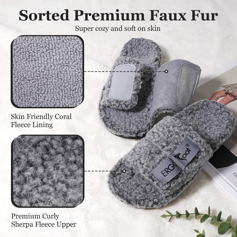 ERGOfoot Fuzzy House Slippers with Arch Support for Women Men, Orthopedic Slide Slippers for Plantar Fasciitis Open Toe Indoor House Shoes with Adjustable Straps, Foot Pain Relief/Dark Grey - Image 4
