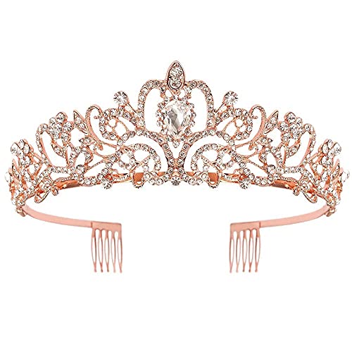 Didder Rose Gold Crystal Tiara Crown Headband Princess Elegant Crown with combs for Women Girls Bridal Wedding Prom Birthday Party - Image 1