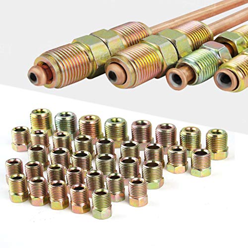 MuHize طقم توصيل خط الفرامل MuHize 32 قطعة - SAE 3/16" و 1/4" أنابيب الفرامل مع وصلات مقلوبة (3/8-24 UNF) لسيارات فورد وجنرال موتورز ودودج وكرايسلر وجيب - ثقيل التحمل - Image 1