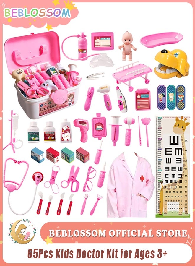 BEBLOSSOM 65Pcs Kids Doctor Kit for Ages 3+ with Working Stethoscope, Lab Coat & Carry Case, Pretend Play Medical Set for Boys & Girls - Image 1