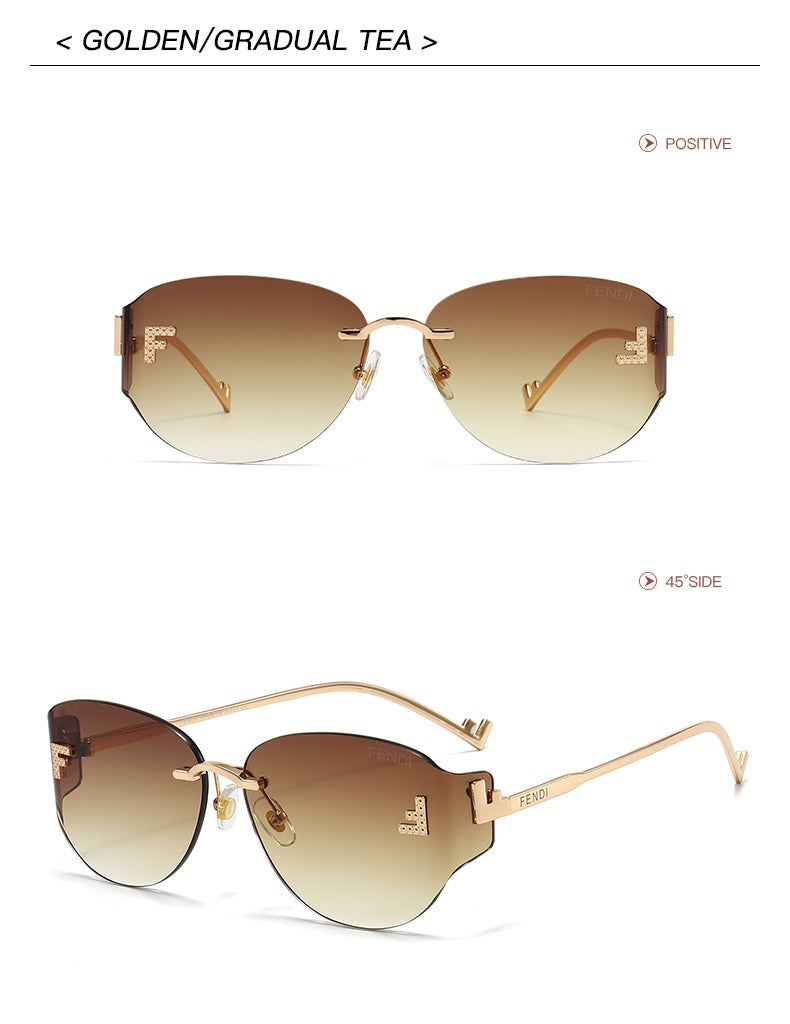 Fendi Classic Design Rimless Cycling Sunglasses Gold Crystal FF Logo UV400 Luxury Shades for Women with Brown Lenses - Image 3