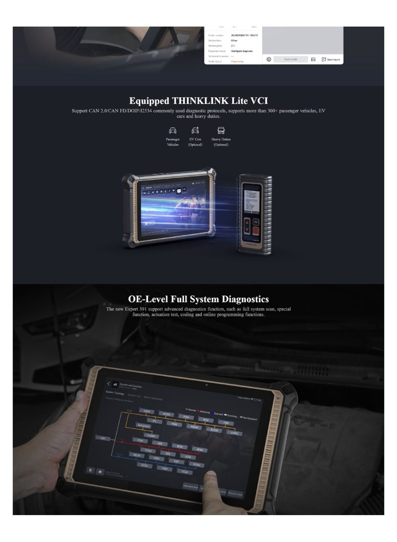فكر في السيارة ثنك تول إكسبرت 391 – جهاز تشخيص احترافي 2025 مع برمجة أونلاين، دعم فيديو مزدوج عن بُعد، شاشة 10 بوصة، نظام TCOS، سعة تخزين 128GB، تشخيص شامل بمستوى الوكالة، دعم اختياري للمركبات الكهربائية والشاحنات الثقيلة - Image 2