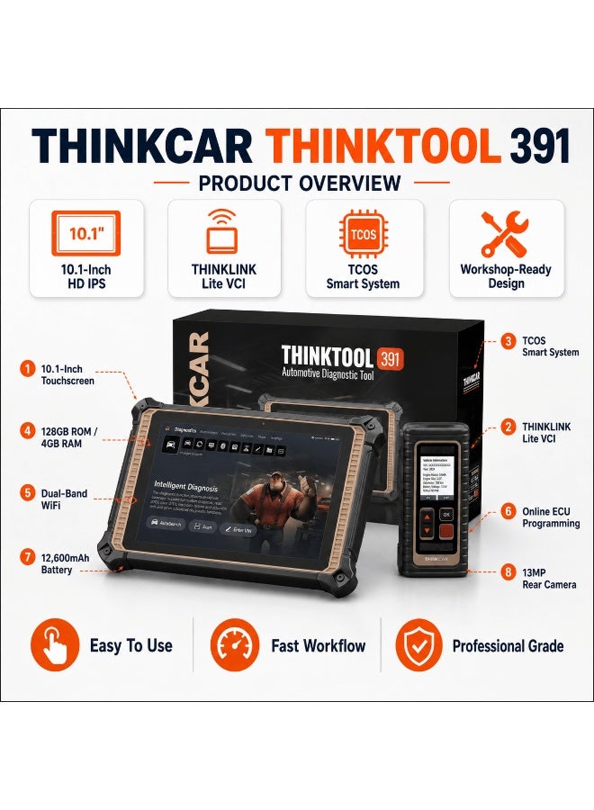 THINKCAR THINKTOOL Expert 391 – 2026 Professional Diagnostic Tool with Online Programming, Dual Video Remote Support, 10" Touchscreen, TCOS System, 128GB Storage, OE-Level Full System Diagnostics, EV & Heavy Duty Support (Optional) electrical_lighting - Image 3