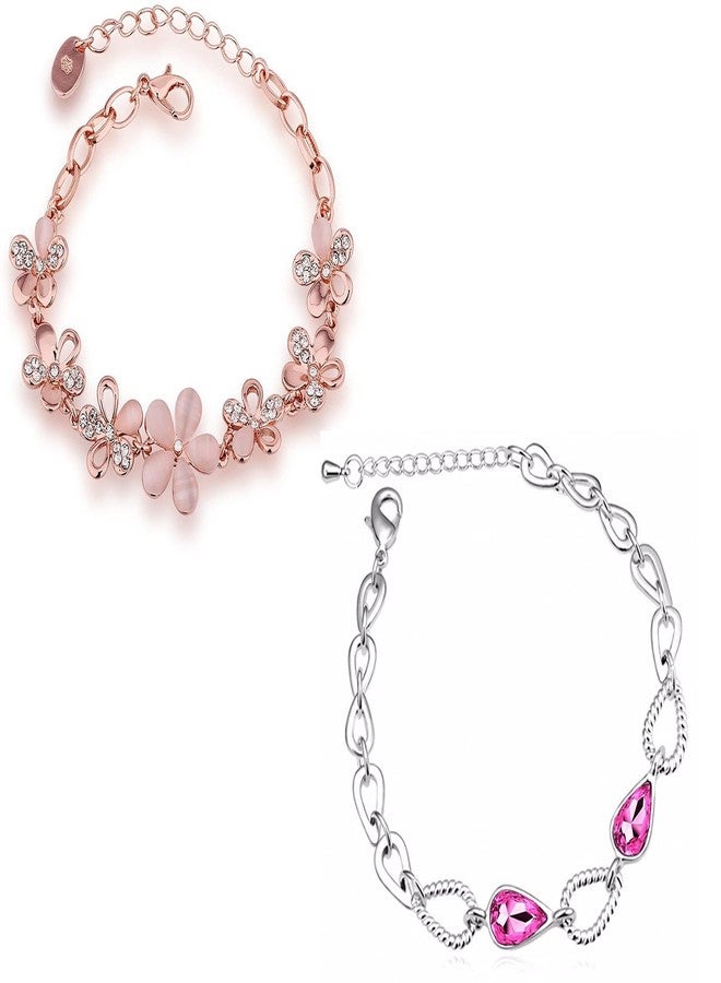 Okos Fashion Jewellery Combo Of 2 Floral And Drop Style Link Adjustable Alloy Bracelet Studded With Multi Color (White;Pink) Crystal Stones For Girls And Women CO1000401 - Image 1