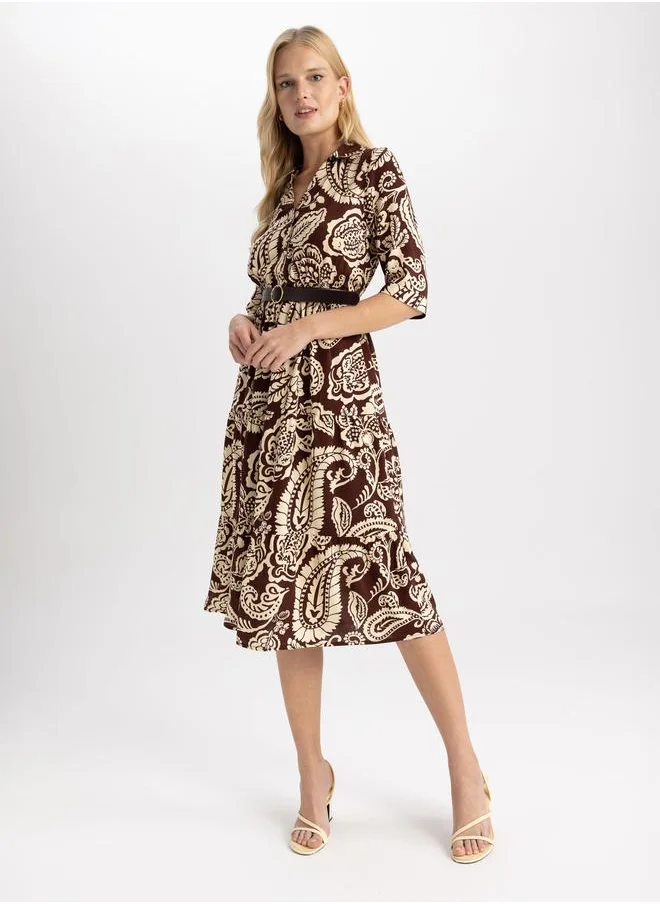 DeFacto Floral Print Collared Shirt Midi Dress