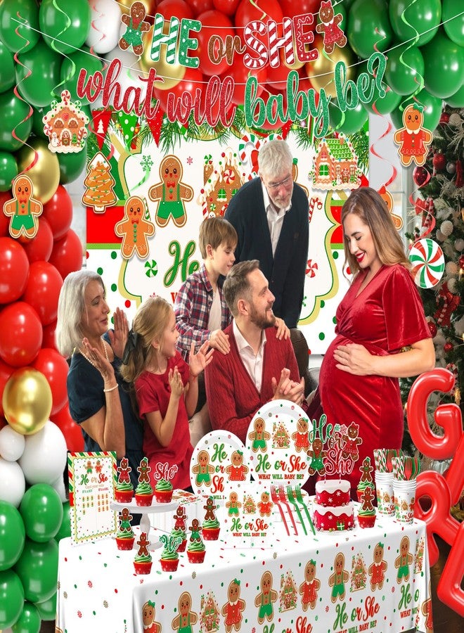Peghoqu Christmas Gingerbread Gender Reveal Decorations Red Green Christmas Gender Reveal Paper Plates Napkin Tablecloth Balloons Boxes Tablecloth Backdrop Cake Topper for Xmas Baby Shower Party Decor - Image 5