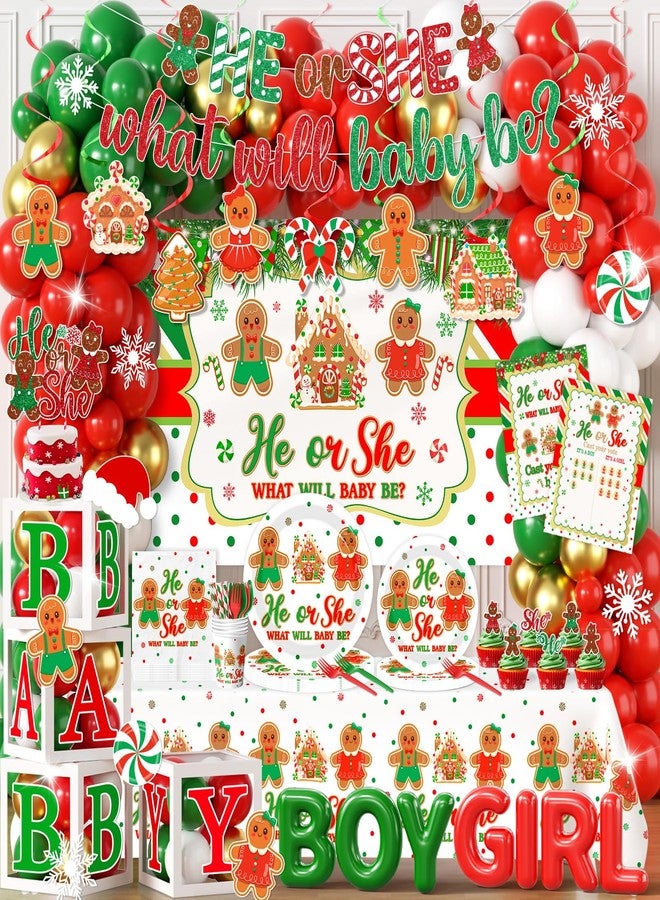 Peghoqu Christmas Gingerbread Gender Reveal Decorations Red Green Christmas Gender Reveal Paper Plates Napkin Tablecloth Balloons Boxes Tablecloth Backdrop Cake Topper for Xmas Baby Shower Party Decor - Image 1