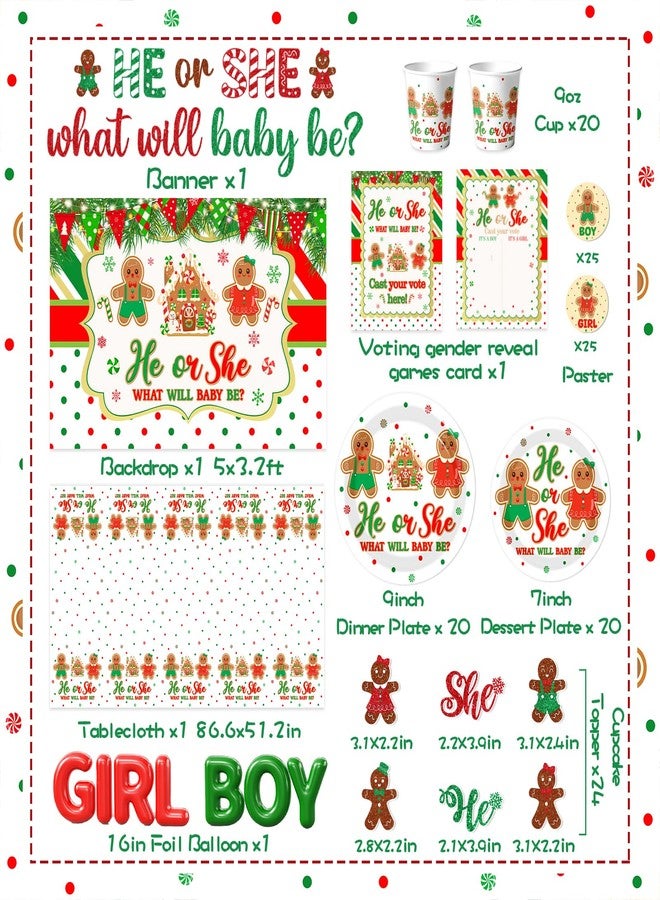 Peghoqu Christmas Gingerbread Gender Reveal Decorations Red Green Christmas Gender Reveal Paper Plates Napkin Tablecloth Balloons Boxes Tablecloth Backdrop Cake Topper for Xmas Baby Shower Party Decor - Image 3