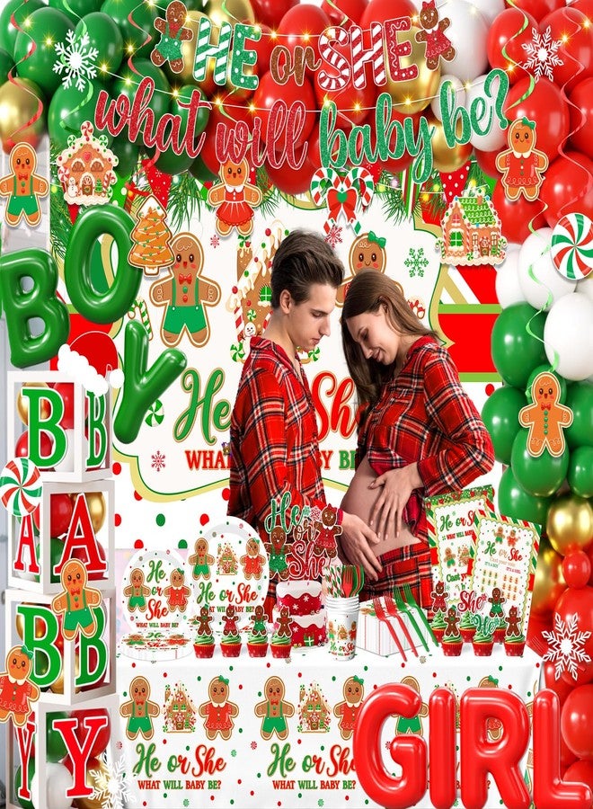 Peghoqu Christmas Gingerbread Gender Reveal Decorations Red Green Christmas Gender Reveal Paper Plates Napkin Tablecloth Balloons Boxes Tablecloth Backdrop Cake Topper for Xmas Baby Shower Party Decor - Image 2
