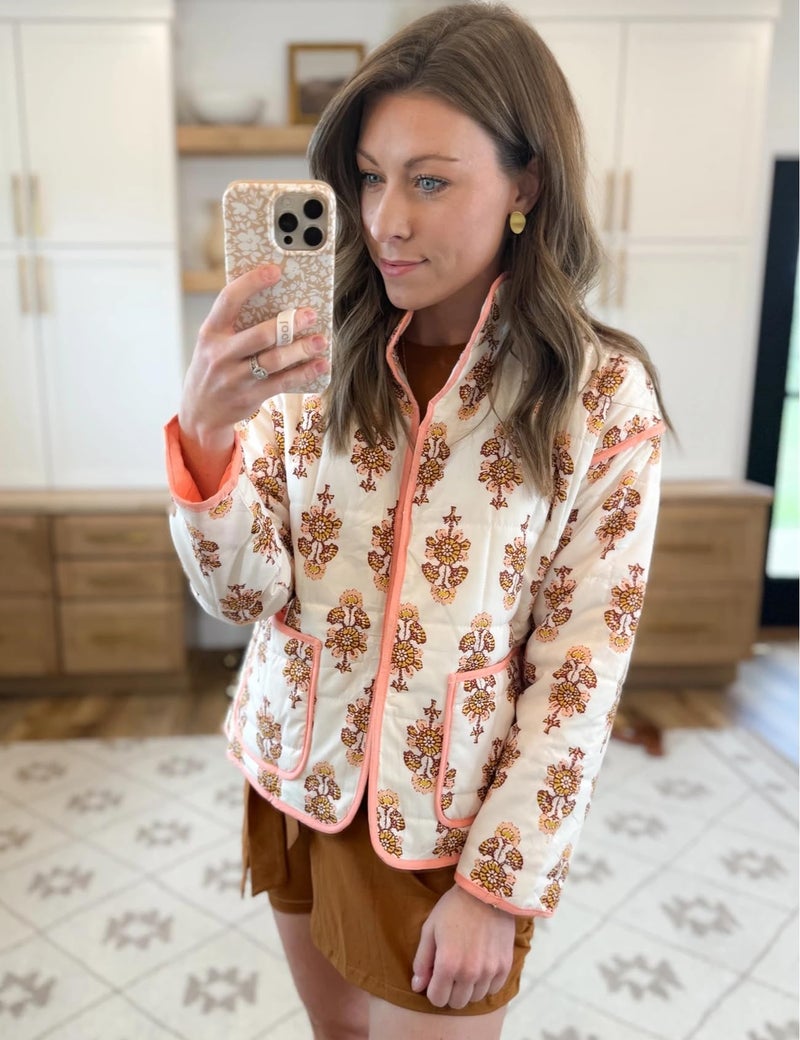 Yimoon Women's Cropped Puffer Quilted Jacket Vintage Floral Print Open Front Lightweight Short Jacket Outwear (Apricot-M) - Image 2
