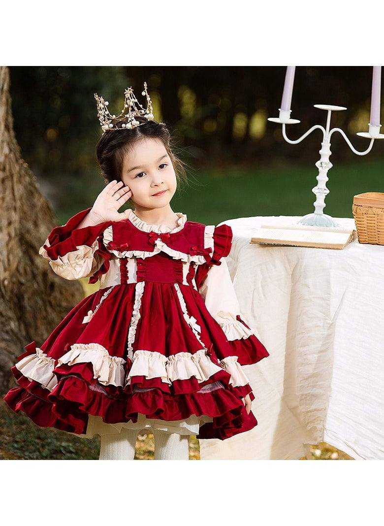 Loquat Girl's Lolita Fluffy Long Sleeve Dress Red/White  - Image 1