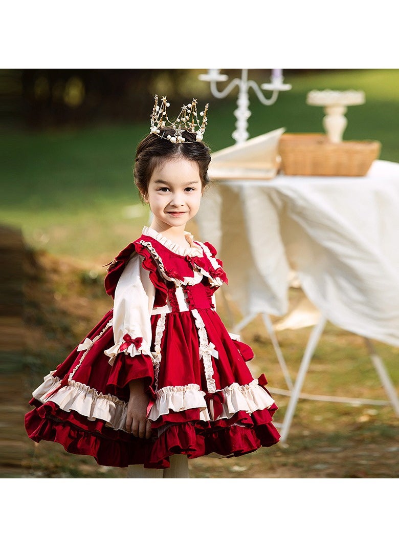 Loquat Girl's Lolita Fluffy Long Sleeve Dress Red/White  - Image 2