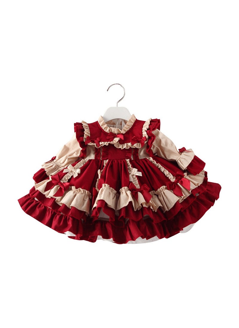 Loquat Girl's Lolita Fluffy Long Sleeve Dress Red/White  - Image 4