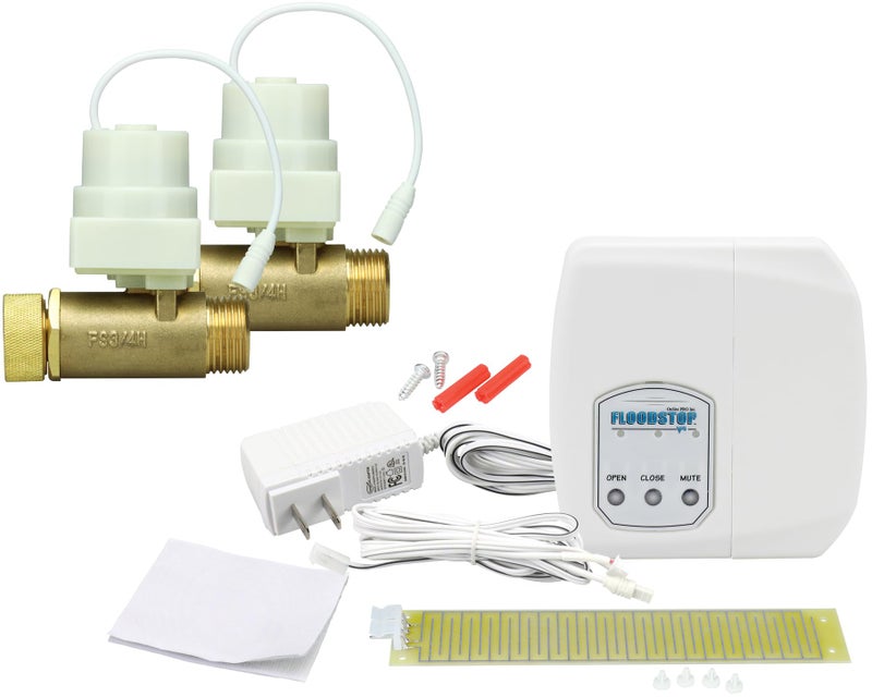 FloodStop Washing Machine Leak Detector Kit with Automatic Water Shut-Off and Visual/Audible Alarms, 3/4" Straight, Hot & Cold Valves - Image 1