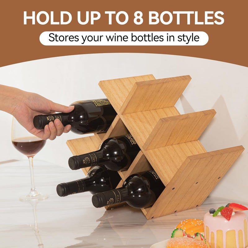KIRIGEN Wooden 8-Bottle Wine Rack - 3-Tier Wood Wine Display Rack/Standing and Countertop Wine Storage Shelf - Bottle Holder/Cabinet Glass Rack Natural XHJJ3-NA - Image 3