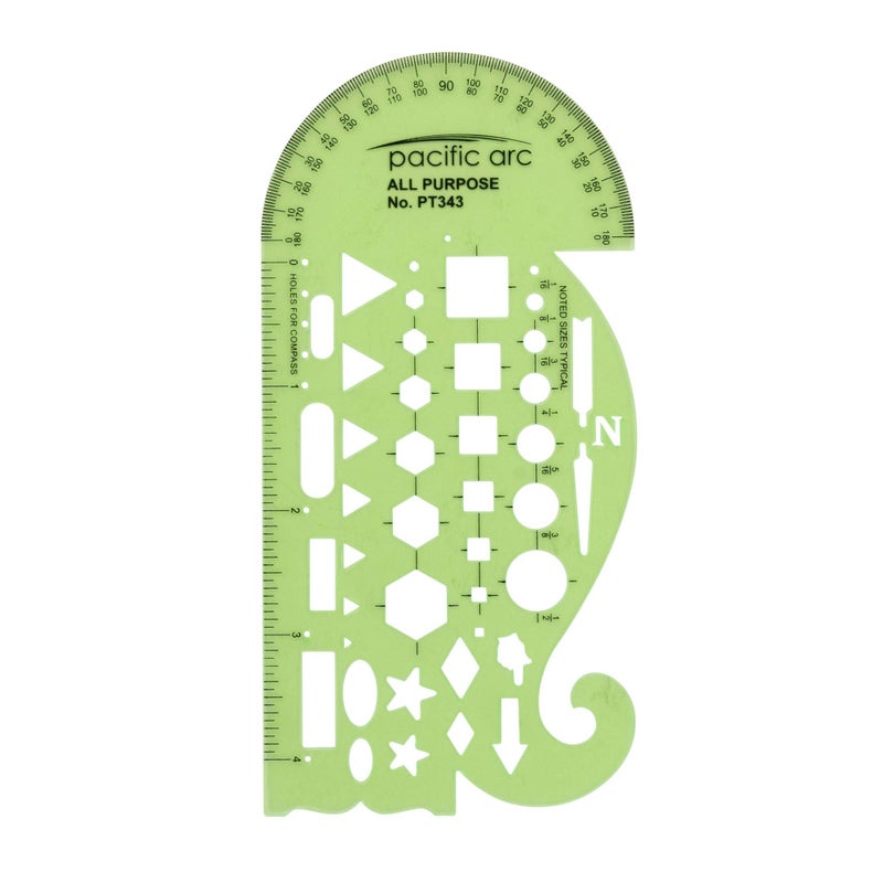 Pacific Arc All Purpose Template Guide, Featuring A Protractor, 4 Inch Ruler, French Curves, and Standard Shapes - Image 1