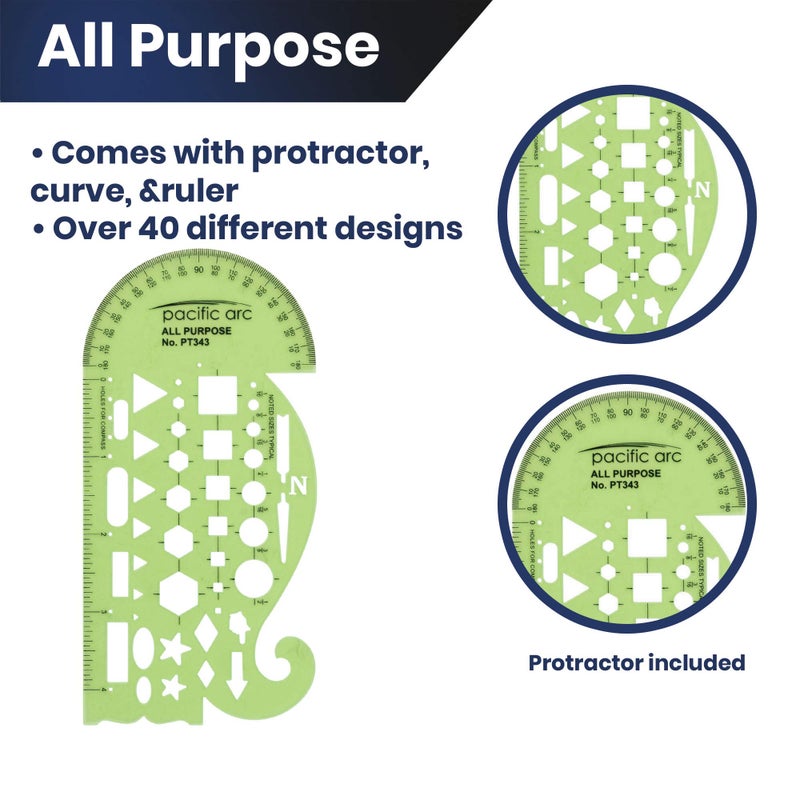 Pacific Arc All Purpose Template Guide, Featuring A Protractor, 4 Inch Ruler, French Curves, and Standard Shapes - Image 3