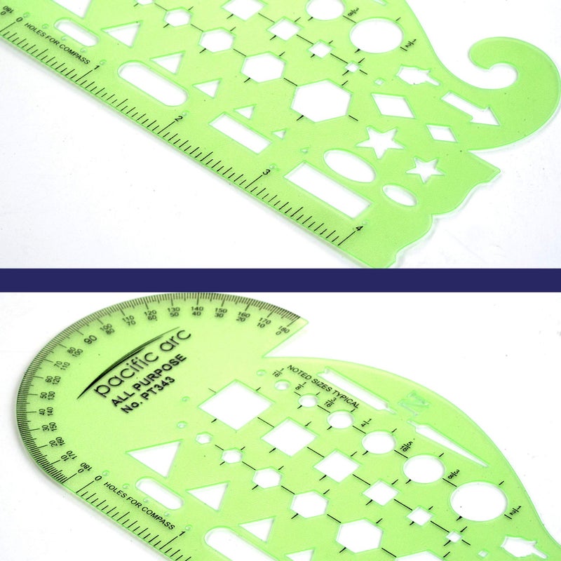 Pacific Arc All Purpose Template Guide, Featuring A Protractor, 4 Inch Ruler, French Curves, and Standard Shapes - Image 4