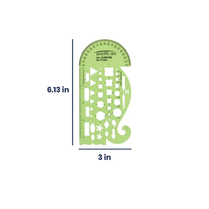 Pacific Arc All Purpose Template Guide, Featuring A Protractor, 4 Inch Ruler, French Curves, and Standard Shapes - Image 2