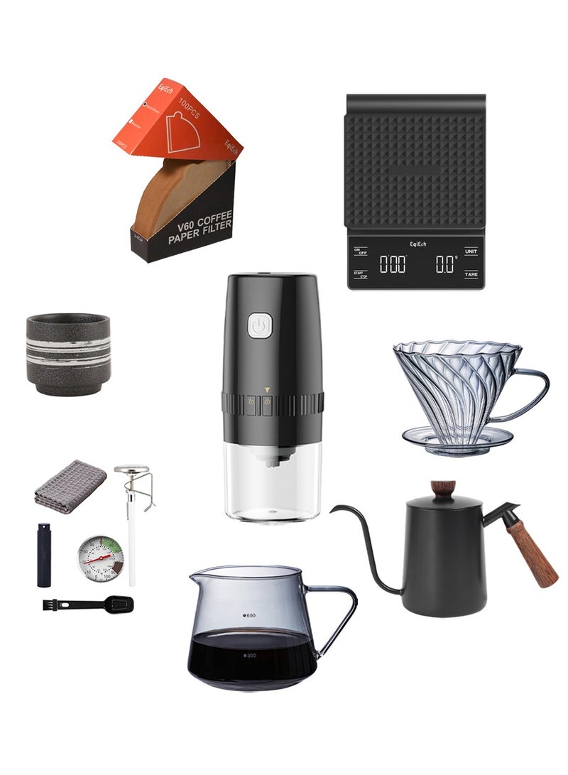 EqiEch V60 Pour Over Coffee Maker Set Cordless Electric Coffee Grinder Hand Brew Drip Coffee Machine 11-Piece Set Suitable For 1-4 CUPS - Image 1