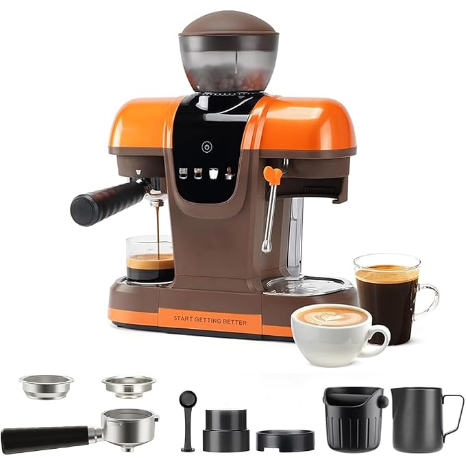 RECAFIMIL Semi-Automatic Espresso Machine with Grinder, 20 Bar Professional Coffee Maker with Milk Frother, Latte & Cappuccino, Compact for Home Use, Orange - Image 1