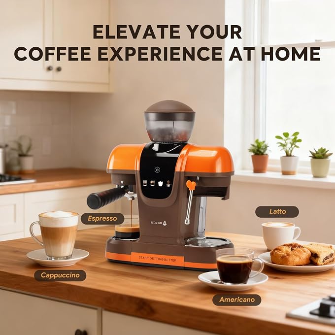 RECAFIMIL Semi-Automatic Espresso Machine with Grinder, 20 Bar Professional Coffee Maker with Milk Frother, Latte & Cappuccino, Compact for Home Use, Orange - Image 3