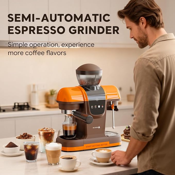 RECAFIMIL Semi-Automatic Espresso Machine with Grinder, 20 Bar Professional Coffee Maker with Milk Frother, Latte & Cappuccino, Compact for Home Use, Orange - Image 2