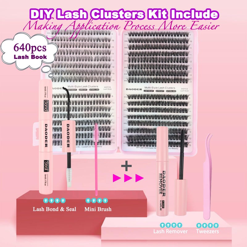 DAODER Wispy Lash Extension Kit 640Pcs Cluster Lashes Natural Look, Short Lash Clusters Kit 9-13mm 30D 40D 50D 60D D Curl Individual Lashes Kit with Lash Bond Seal Remover(30D+40D+50D+60D Kit 9-13mm) - Image 2