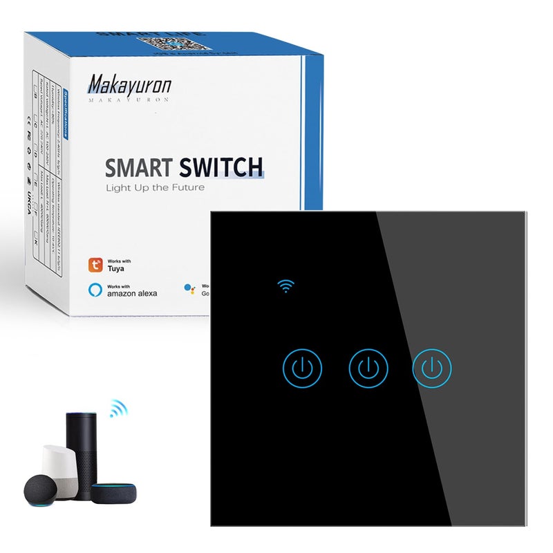 ماكايورون مفتاح لمس واي فاي Makayuron TuyaSmart (التحكم الصوتي) – التحكم الصوتي عبر Alexa و Google، التحكم المزدوج الذكي في الإضاءة عبر التطبيق، جدولة تلقائية، أسود، ثلاث مجموعات - Image 1