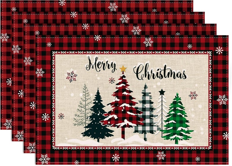 Bonhause Christmas Trees Merry Xmas Placemats Set of 4 12x18 Inch Red Buffalo Plaid Xmas Snowflake Kitchen Dinning Table Mats Washable Place Mats for Indoor Outdoor Home Party Decor - Image 1