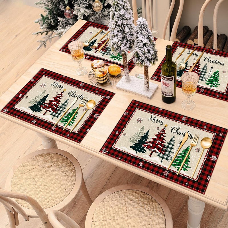 Bonhause Christmas Trees Merry Xmas Placemats Set of 4 12x18 Inch Red Buffalo Plaid Xmas Snowflake Kitchen Dinning Table Mats Washable Place Mats for Indoor Outdoor Home Party Decor - Image 4
