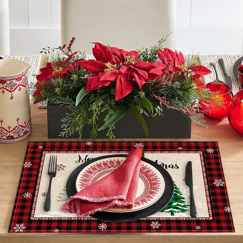 Bonhause Christmas Trees Merry Xmas Placemats Set of 4 12x18 Inch Red Buffalo Plaid Xmas Snowflake Kitchen Dinning Table Mats Washable Place Mats for Indoor Outdoor Home Party Decor - Image 2