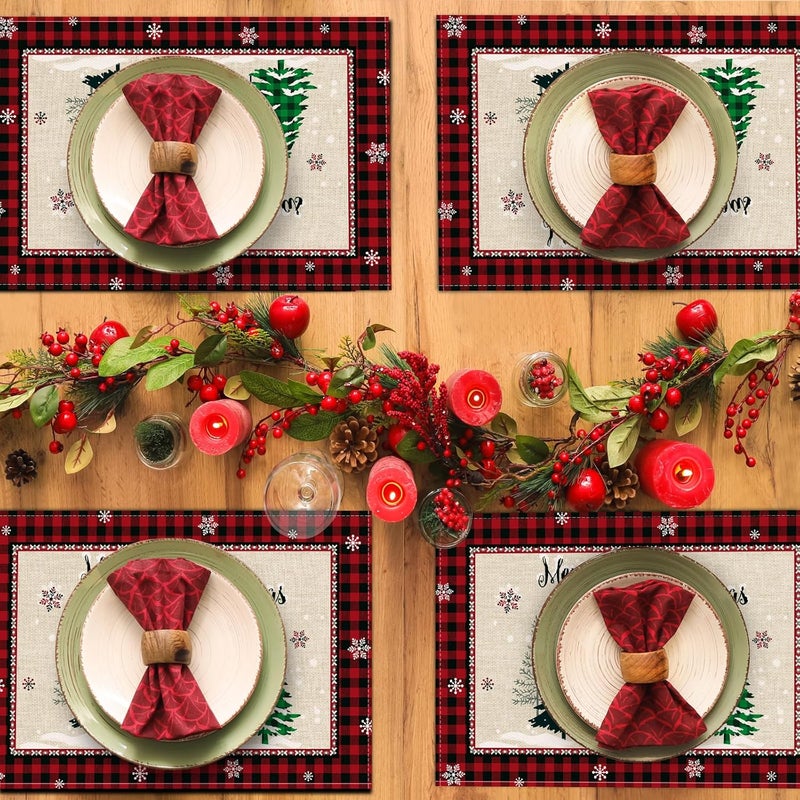 Bonhause Christmas Trees Merry Xmas Placemats Set of 4 12x18 Inch Red Buffalo Plaid Xmas Snowflake Kitchen Dinning Table Mats Washable Place Mats for Indoor Outdoor Home Party Decor - Image 3