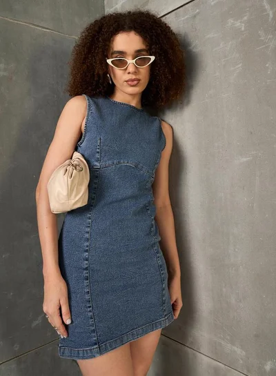 SASSAFRAS SASSAFRAS Women Blue Plain Denim Sleeveless Sheath Mini Dress
