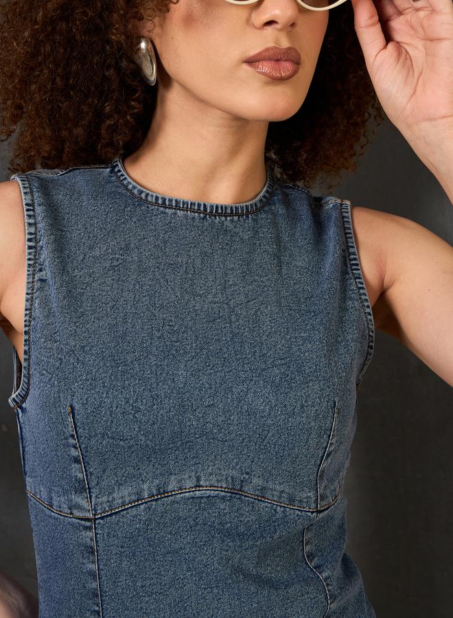 SASSAFRAS Women Blue Plain Denim Sleeveless Sheath Mini Dress - Image 4