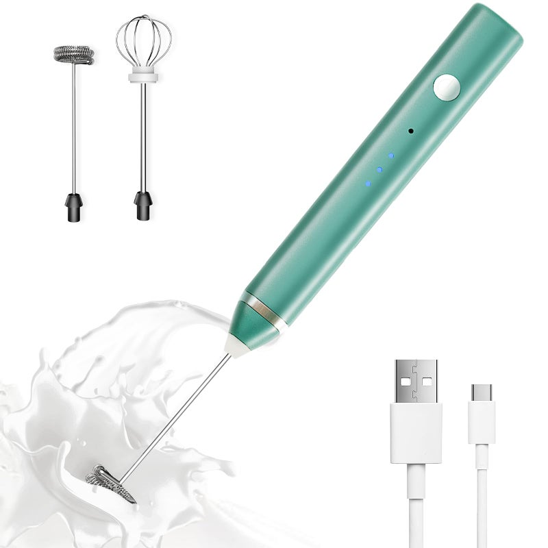 Milk Frother Rechargeable Handheld Electric Whisk Coffee Frother Mixer with 3 Stainless whisks 3 Speed Adjustable Foam Maker Blender for Coffee Matcha Latte Cappuccino Hot ChocolateGreen