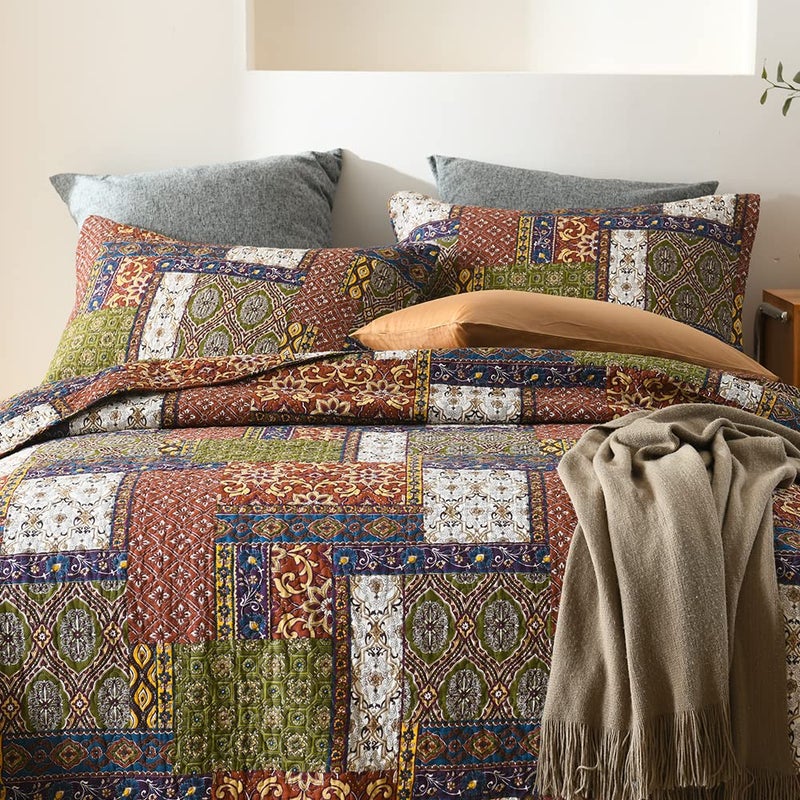 VISIMISI Cotton Bedspread Quilt Sets Reversible Bedding Coverlet Sets Comforter Patchwork Paisley Bohemian Bedspread (Patchwork Brown, King Size) - Image 3