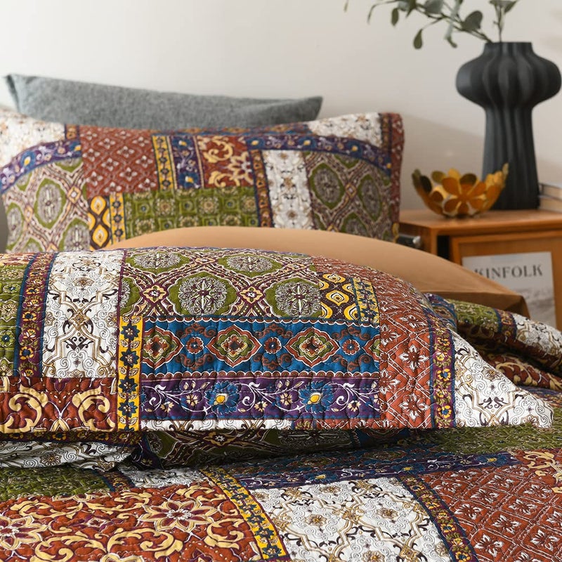 VISIMISI Cotton Bedspread Quilt Sets Reversible Bedding Coverlet Sets Comforter Patchwork Paisley Bohemian Bedspread (Patchwork Brown, King Size) - Image 5
