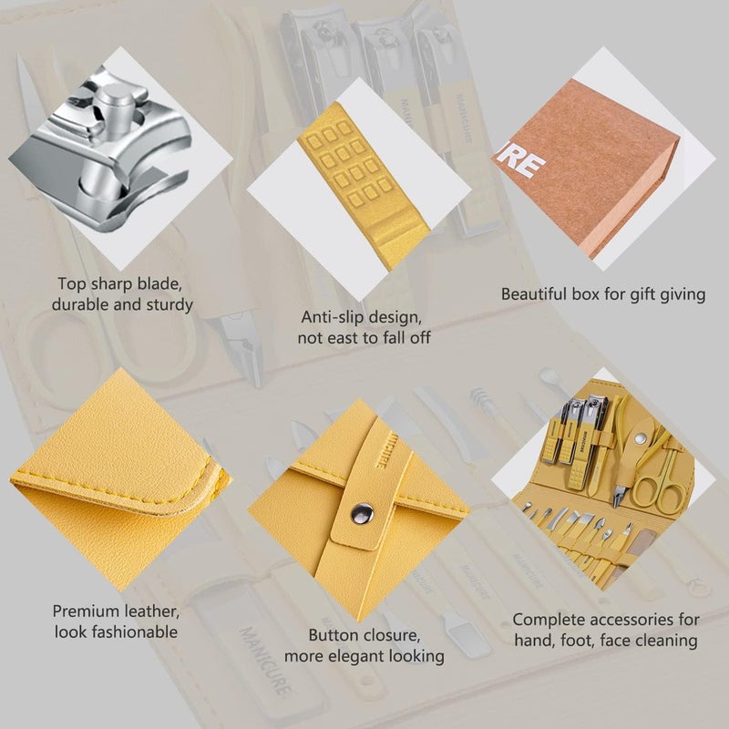 Leipple Manicure Set Professional Nail Clippers Pedicure Kit, 16 pcs Stainless Steel Nail Care Tools Grooming Kit with Luxurious Travel Leather Case for Thick Nails Men Women Gift (Yellow) - Image 5