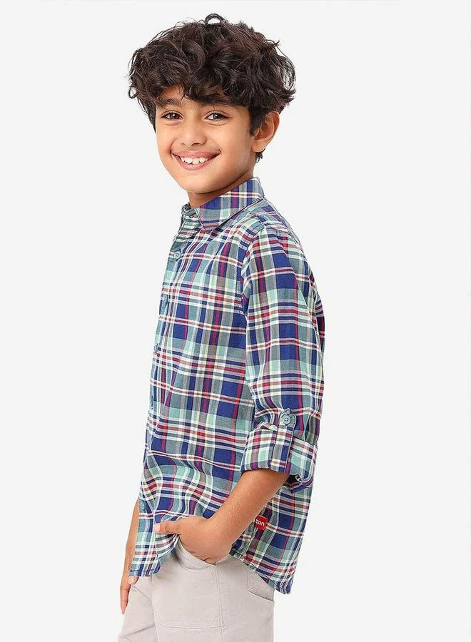 Bonkids Regular Long Sleeve Printed Blue Geen Cotton Shirt 100 % Cotton