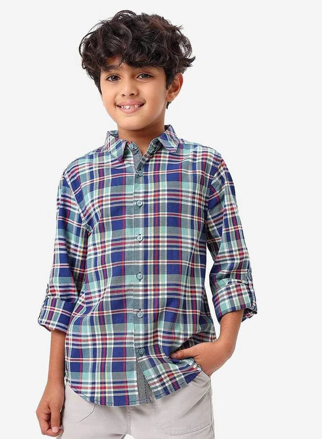 Bonkids Regular Long Sleeve Printed Blue Geen Cotton Shirt 100 % Cotton