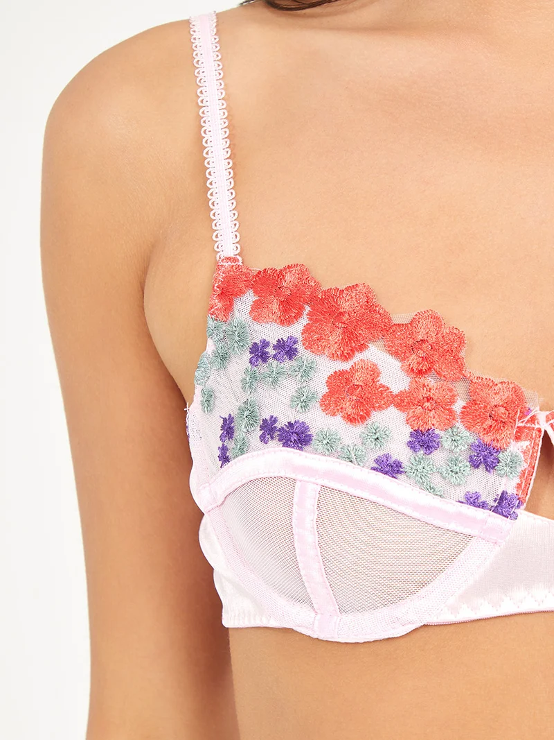 Styli Non Padded Wired Floral Detail Balconette Bra with Thong Set