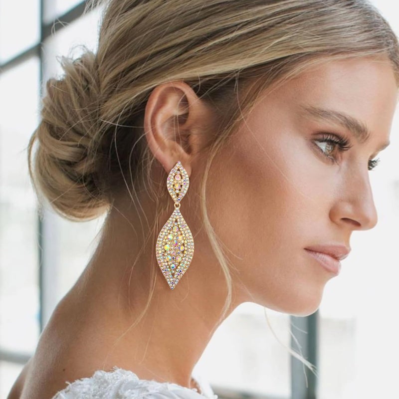 Flyonce Women's Rhinestone Crystal Wedding Bridal 2 Leaf Drop Dangle Chandelier Earrings - Image 3