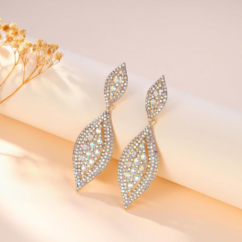 Flyonce Women's Rhinestone Crystal Wedding Bridal 2 Leaf Drop Dangle Chandelier Earrings - Image 5
