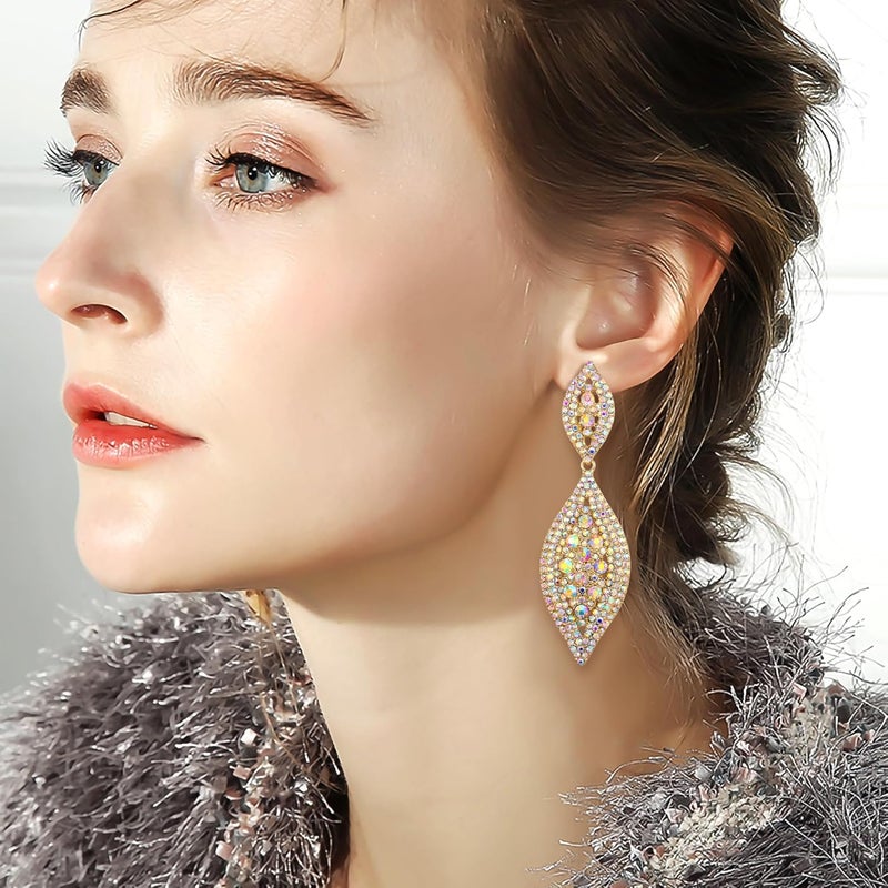 Flyonce Women's Rhinestone Crystal Wedding Bridal 2 Leaf Drop Dangle Chandelier Earrings - Image 2