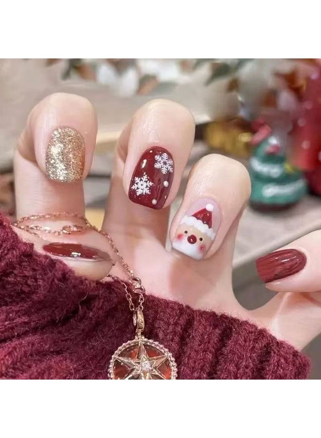 JOSQUEWNN 24PCS Press On False Nails,Simple And Elegant: Flashy Christmas-themed red short nails, featuring adorable Santa Claus and snowflake designs.Acrylic Nails With Glue Kit. - Image 1