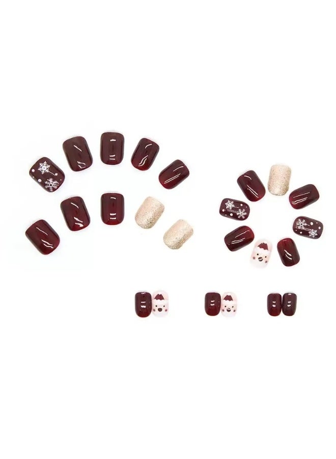 JOSQUEWNN 24PCS Press On False Nails,Simple And Elegant: Flashy Christmas-themed red short nails, featuring adorable Santa Claus and snowflake designs.Acrylic Nails With Glue Kit. - Image 3