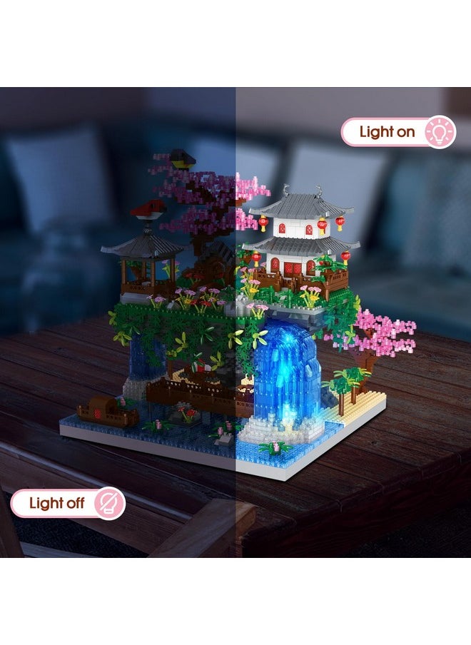 POKONBOY POKONBOY Peach Blossom Pond Building Blocks Set, Chinese Architecture Cherry Blossom Tree House Building Kit with LED Light Gift for Kids Adults Age 12+ (3320 Pcs, Micro Bricks)  - Image 4