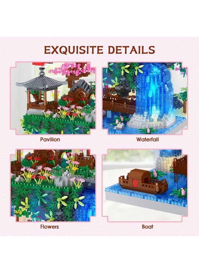 POKONBOY POKONBOY Peach Blossom Pond Building Blocks Set, Chinese Architecture Cherry Blossom Tree House Building Kit with LED Light Gift for Kids Adults Age 12+ (3320 Pcs, Micro Bricks)  - Image 3